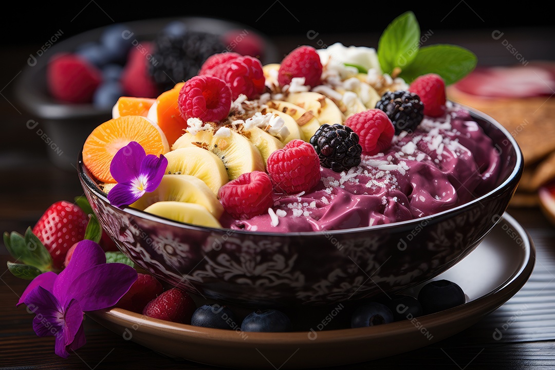 Tigela de açaí com frutas tropicais e granola