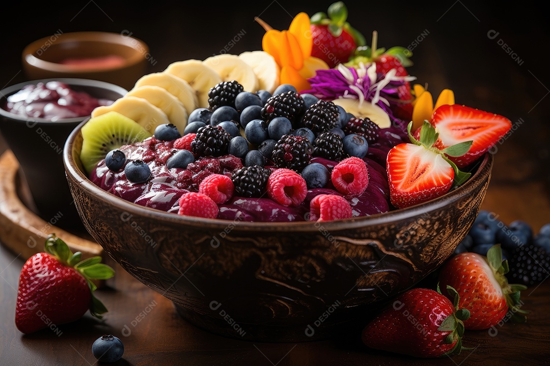 Tigela de açaí com frutas tropicais e granola