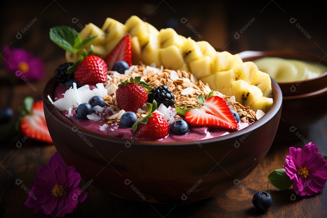 Tigela de açaí com frutas tropicais e granola