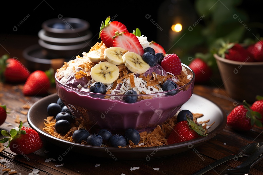 Tigela de açaí com frutas tropicais e granola