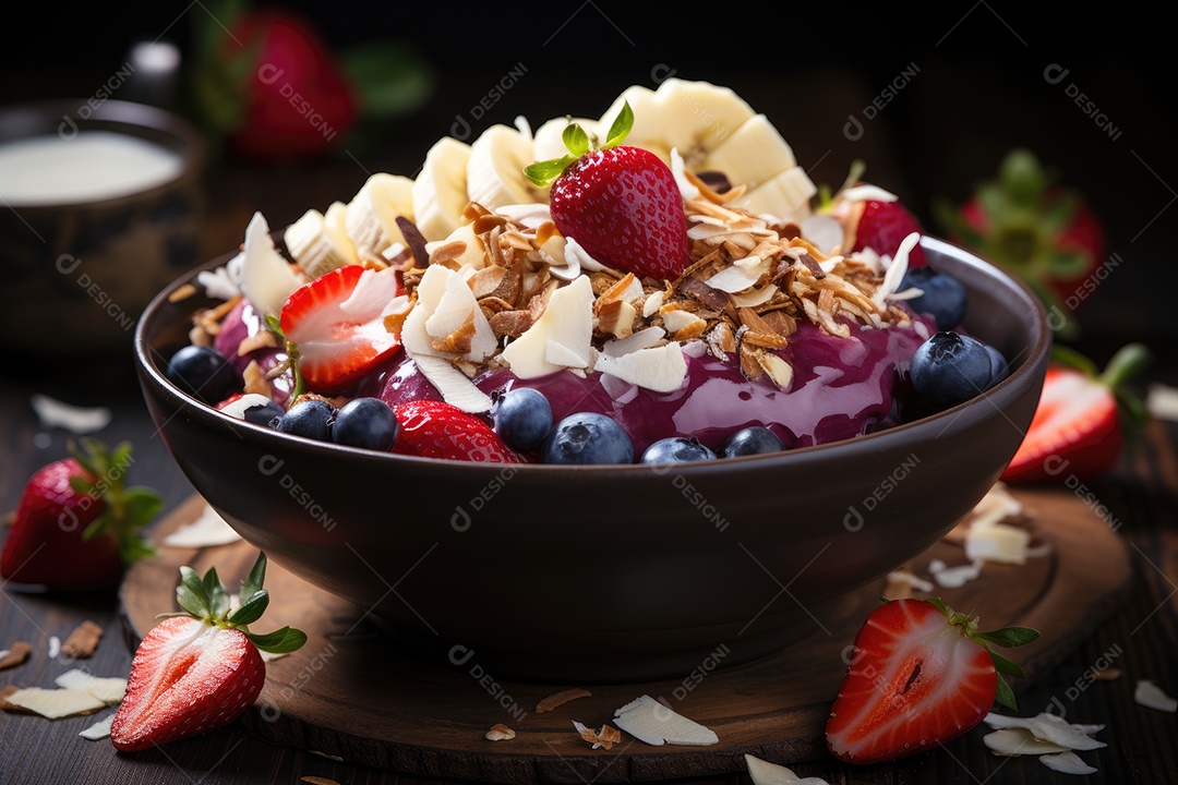 Tigela de açaí com frutas tropicais e granola