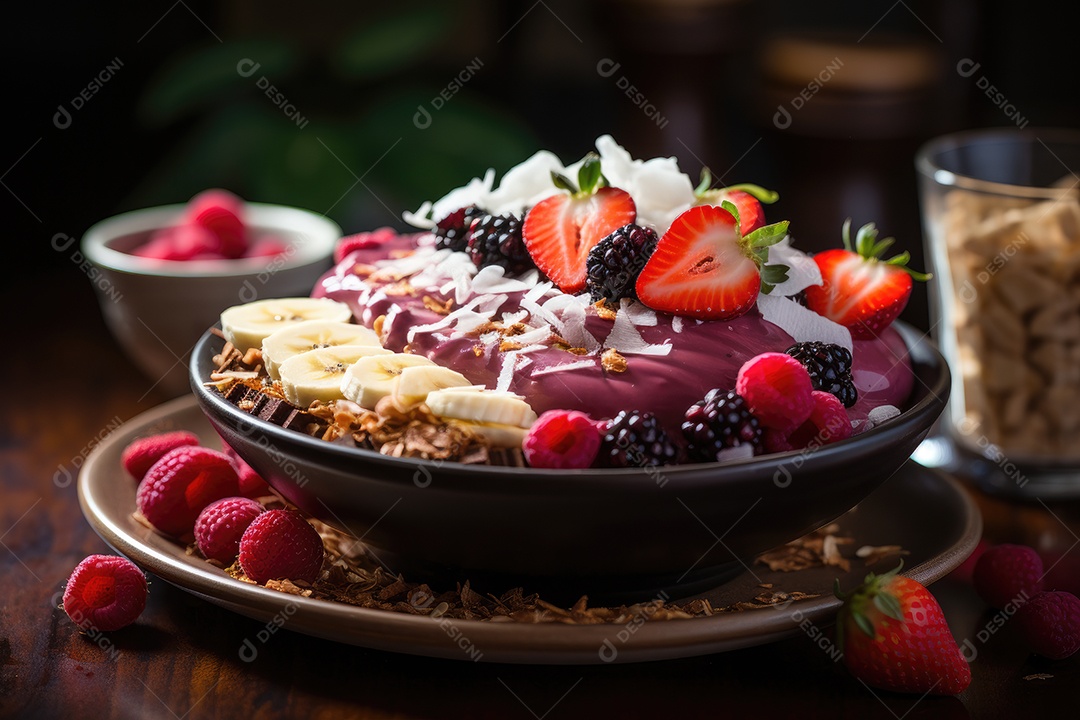 Tigela de açaí com frutas tropicais e granola