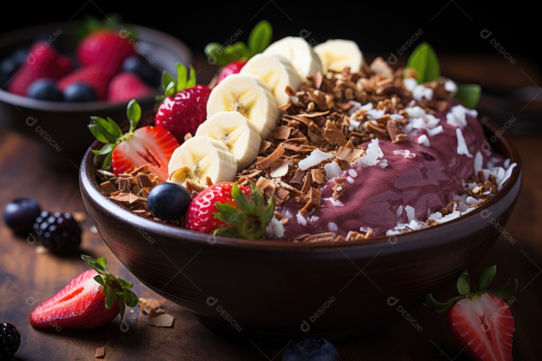 Tigela de açaí com frutas tropicais e granola