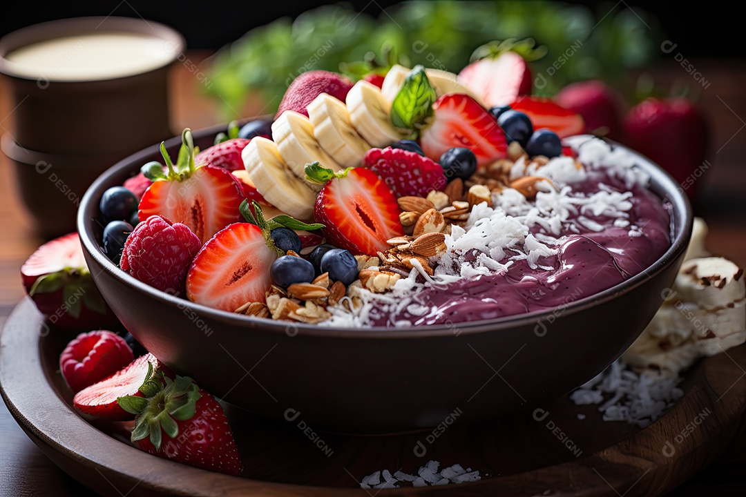 Tigela de açaí com frutas tropicais e granola