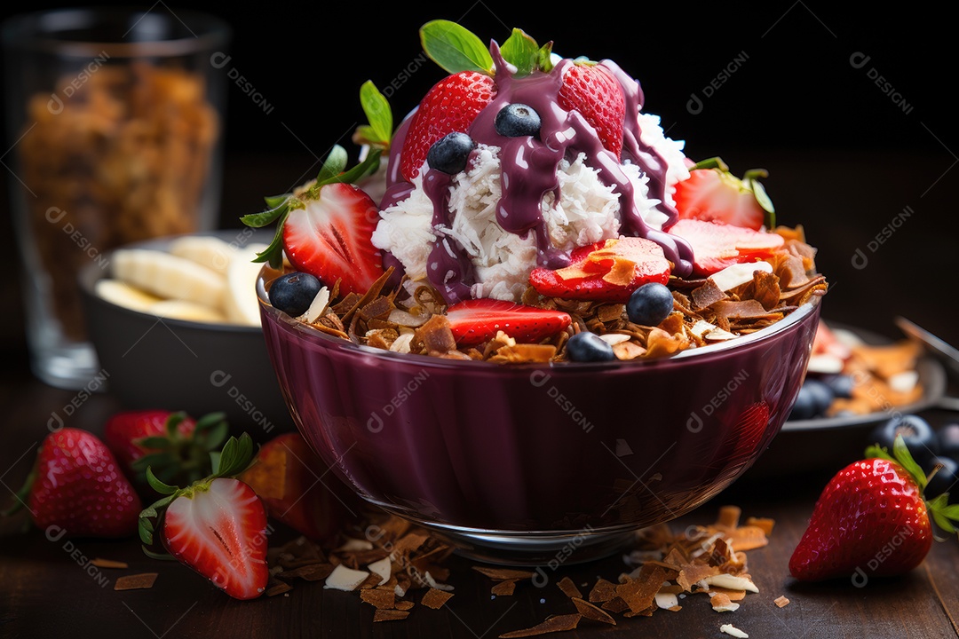 Bowl colorido de açaí com frutas tropicais e granola.