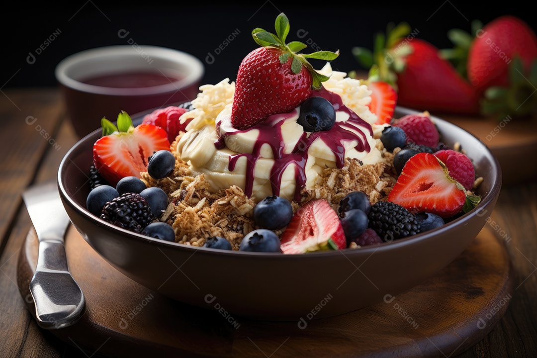 Tigela de açaí com frutas tropicais e granola