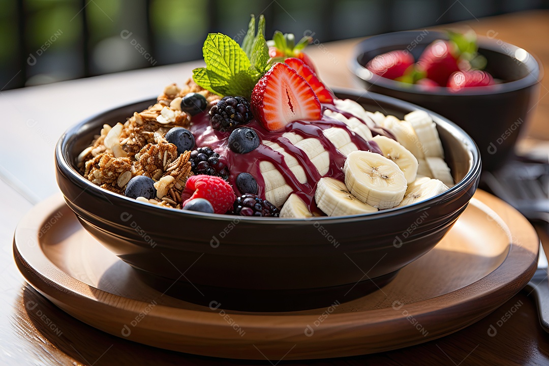 Tigela de açaí com frutas tropicais e granola