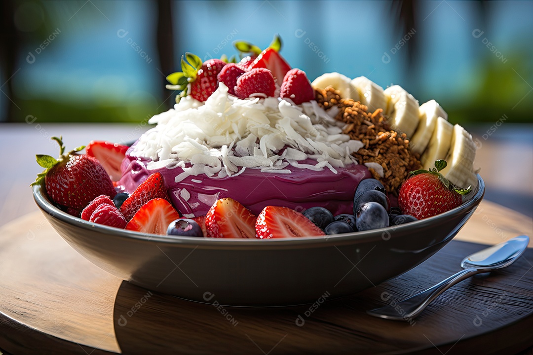 Tigela de açaí com frutas tropicais e granola