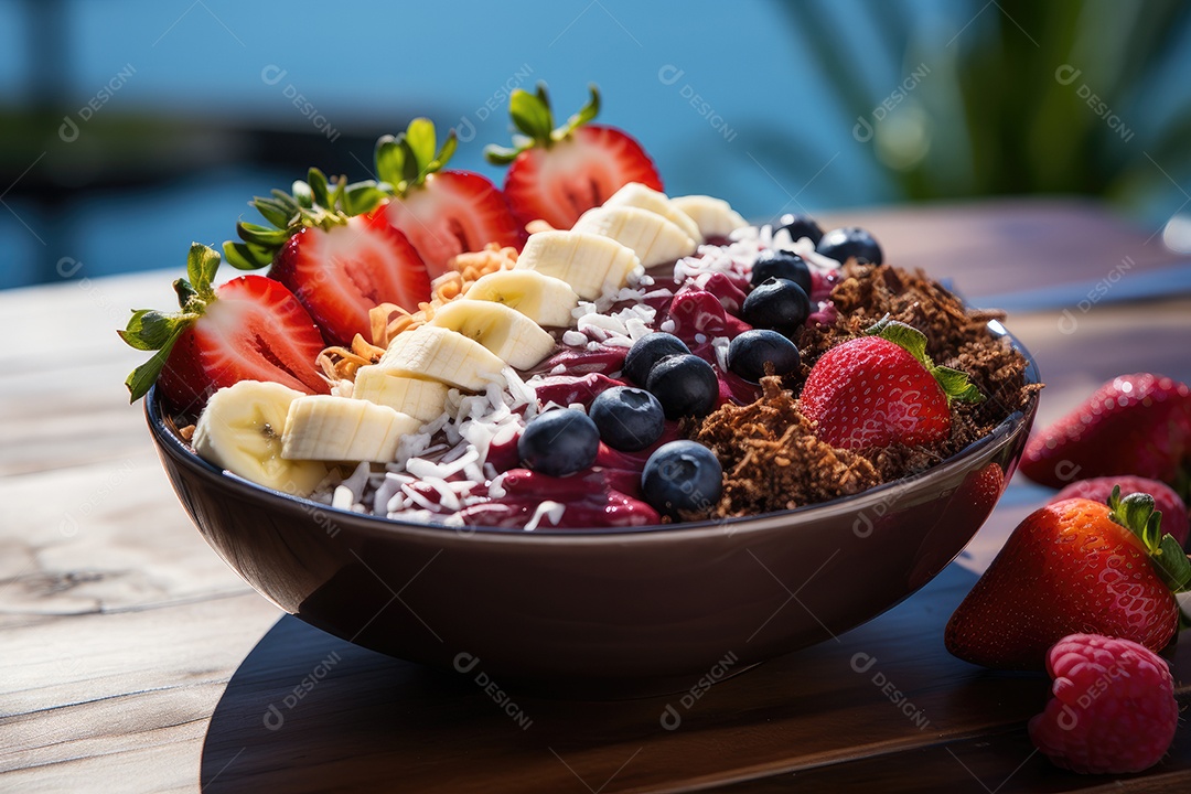 Tigela de açaí com frutas tropicais e granola