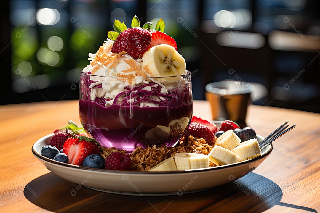 Tigela de açaí com frutas tropicais e granola