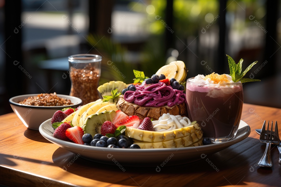 Tropical bowl de açaí e bebida refrescante em cenário exuberante.