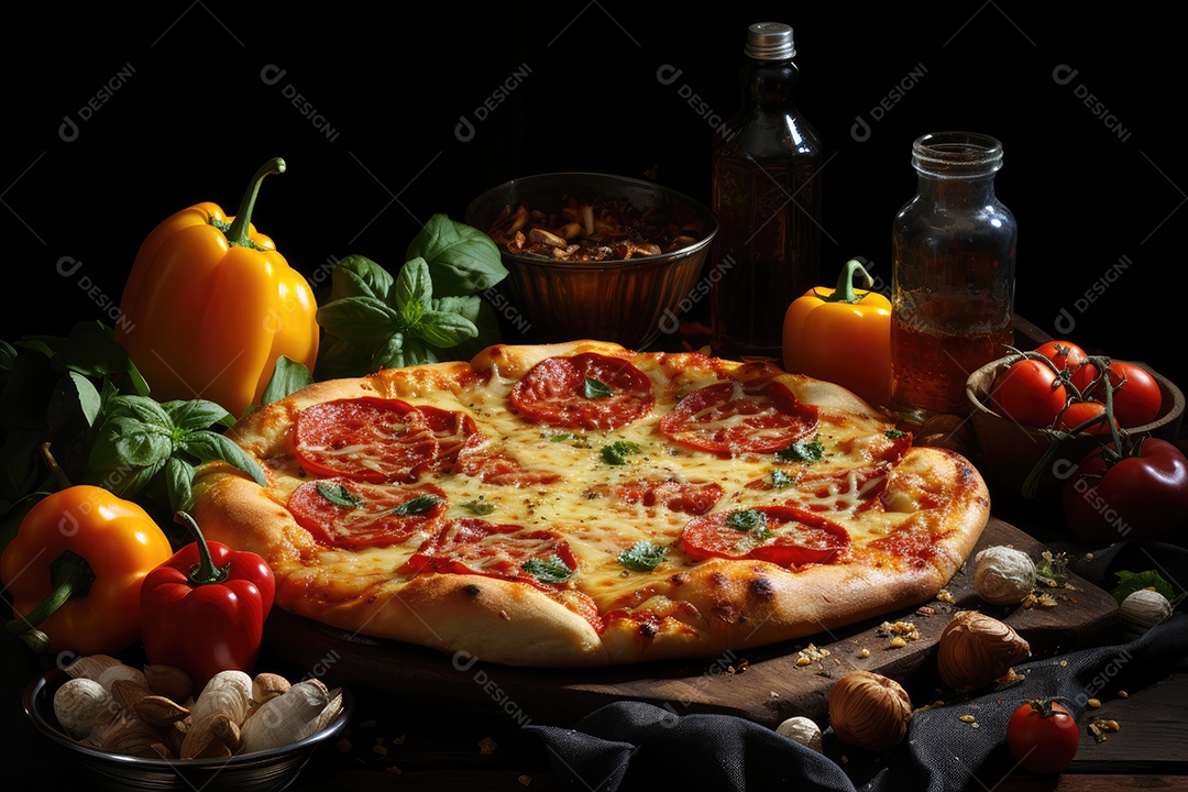 Pizza fresca com queijo derretido e calabresa suculenta.