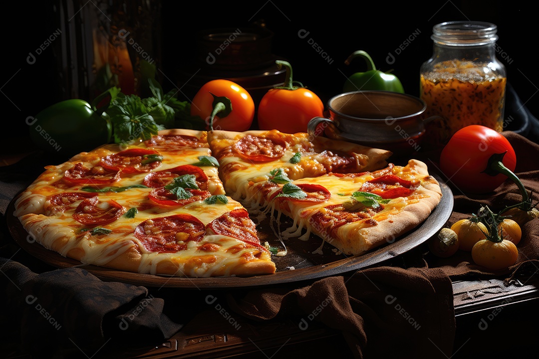 Pizza fresca com queijo derretido e calabresa suculenta.