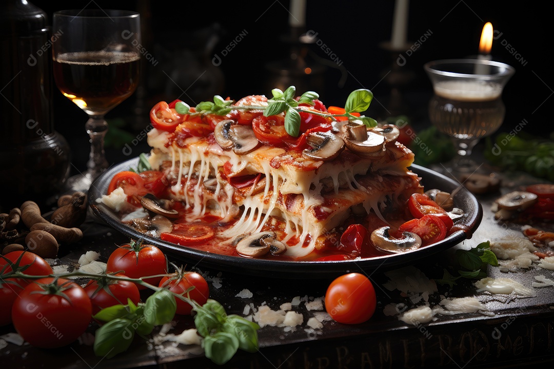 Fatia suculenta de pizza rodeada por ingredientes