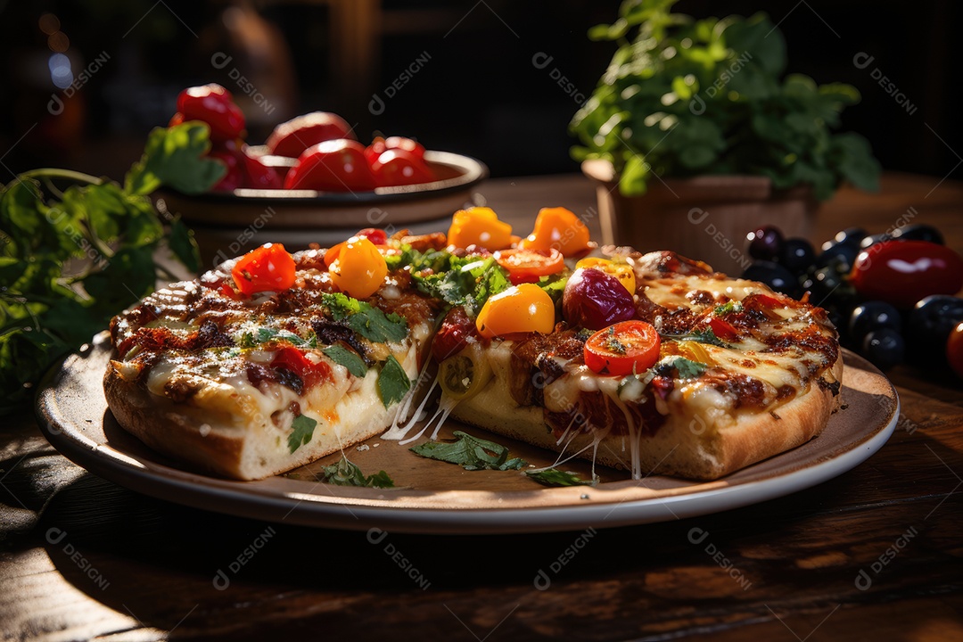 Fatia de pizza suculenta cercada por ingredientes