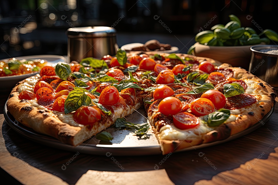 Fatia de pizza suculenta cercada por ingredientes