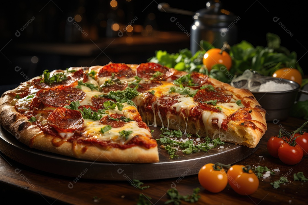 Fatia de pizza suculenta cercada por ingredientes