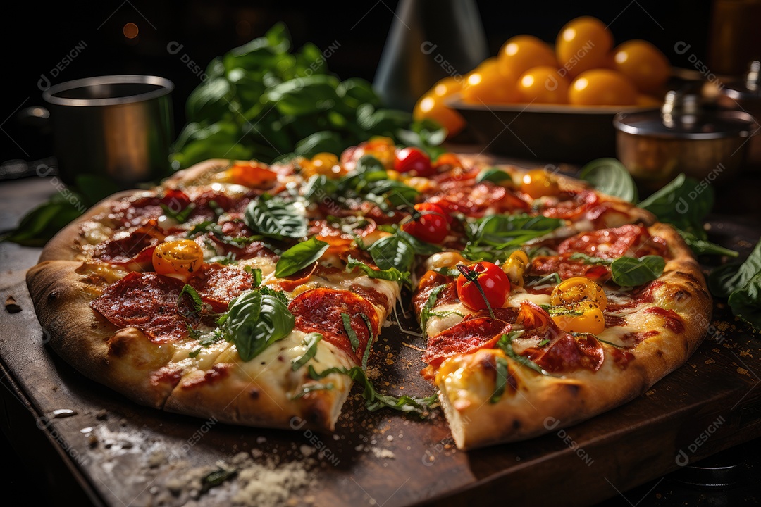 Fatia generosa de pizza artesanal, coberta de queijo derretido e ingredientes frescos.