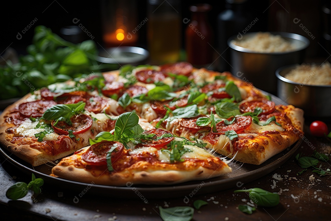 Fatia generosa de pizza artesanal cheia de ingredientes frescos