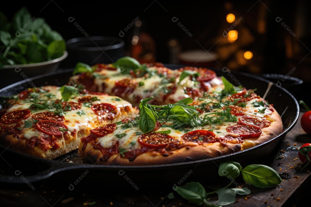 Fatia generosa de pizza artesanal cheia de ingredientes frescos