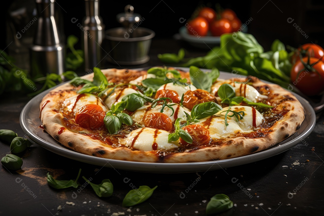 Fatia generosa de pizza artesanal cheia de ingredientes frescos