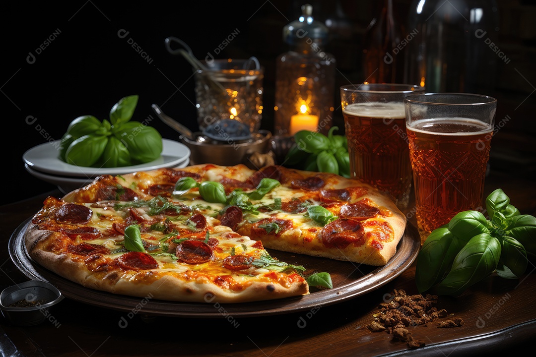 Fatia generosa de pizza artesanal cheia de ingredientes frescos