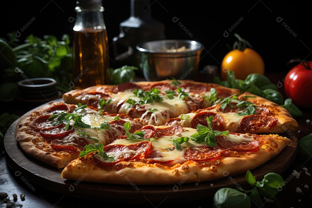 Fatia generosa de pizza artesanal cheia de ingredientes frescos