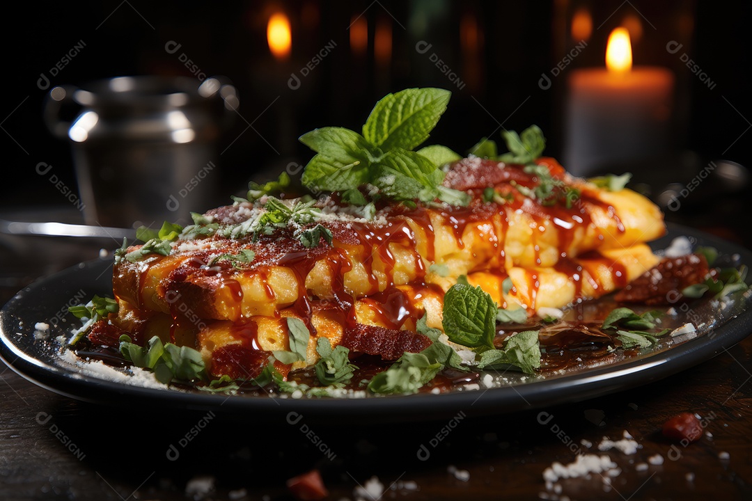 Fatia generosa de pizza artesanal cheia de ingredientes frescos