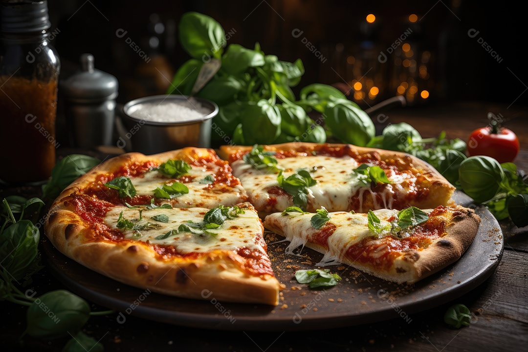 Fatia generosa de pizza artesanal cheia de ingredientes frescos