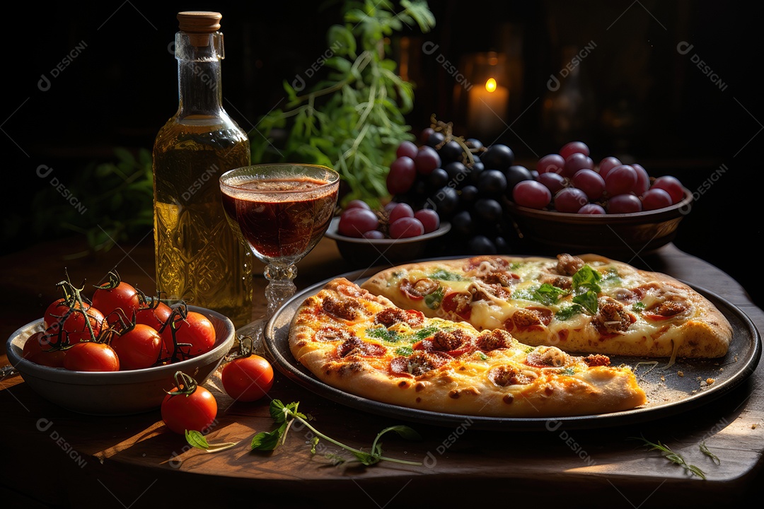 Fatia generosa de pizza artesanal cheia de ingredientes frescos