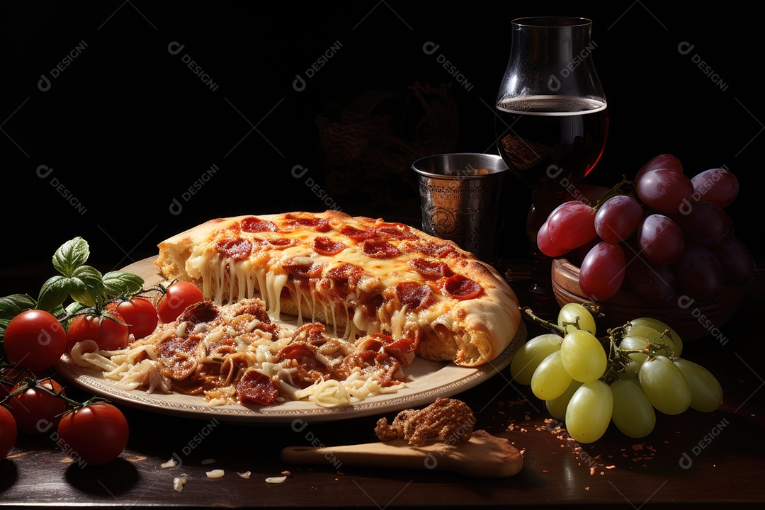 Fatia suculenta de pizza, queijo derretido, azeitonas e vinho tinto.