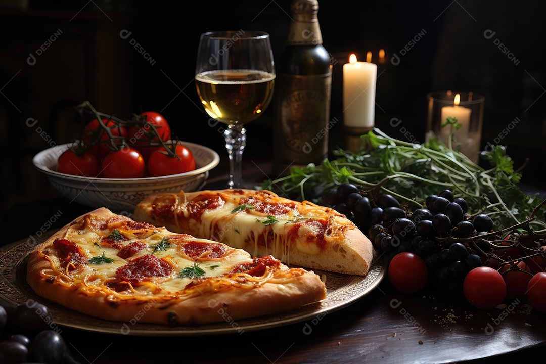 Fatia generosa de pizza artesanal cheia de ingredientes frescos