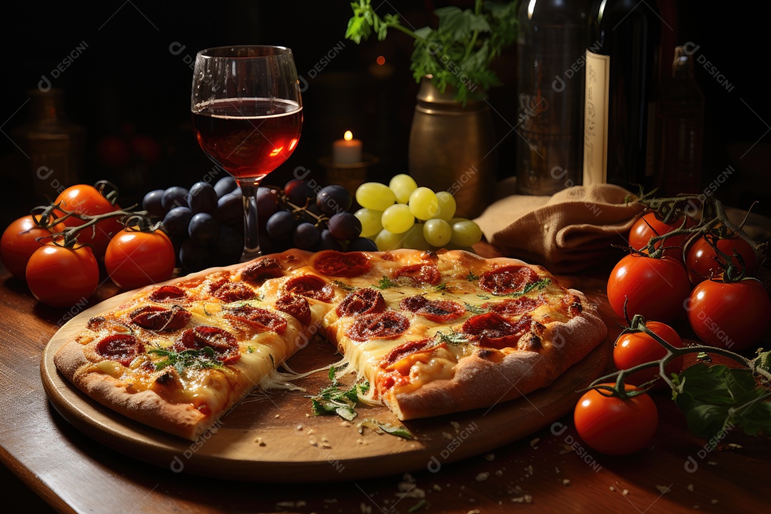 Fatia generosa de pizza artesanal cheia de ingredientes frescos