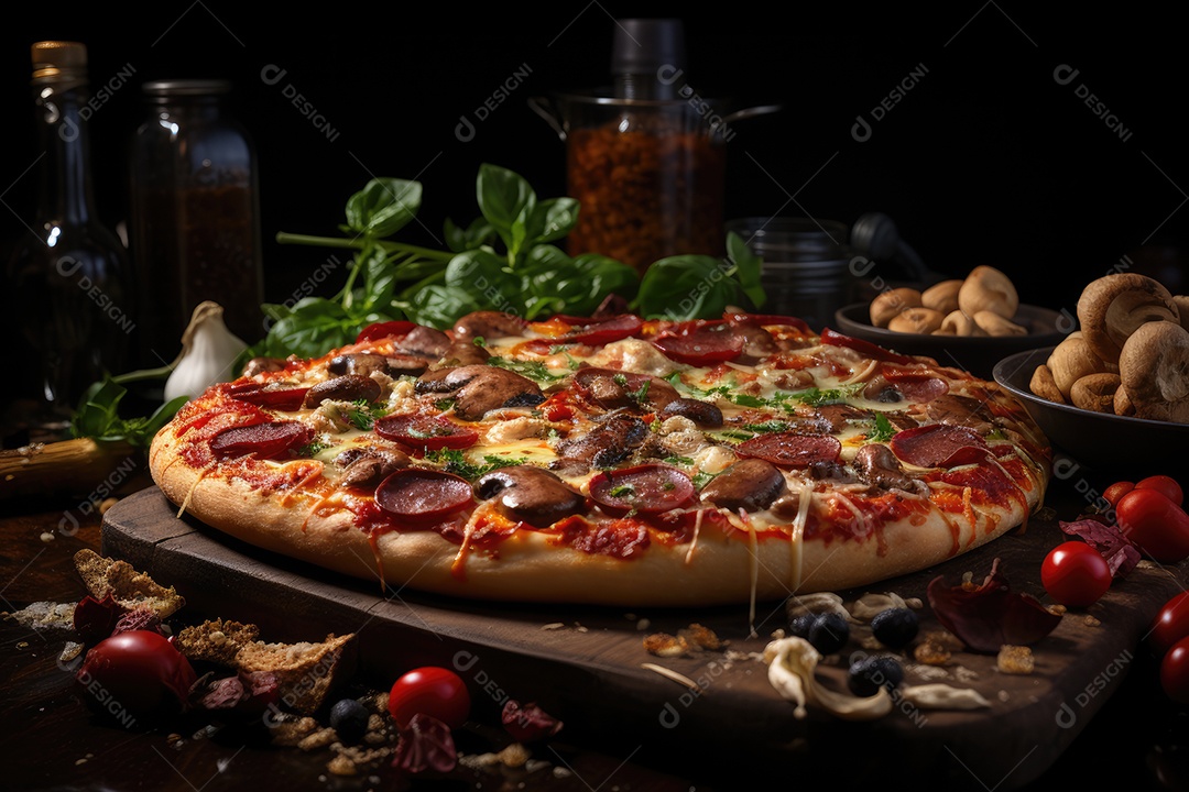 Fatia generosa de pizza artesanal cheia de ingredientes frescos