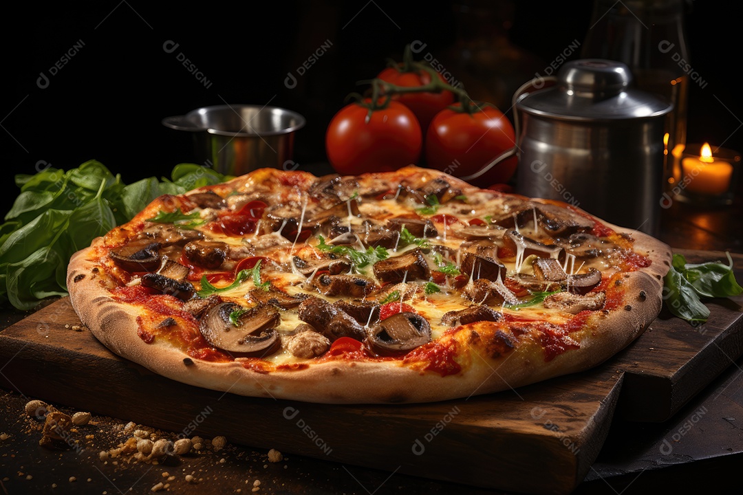 Fatia generosa de pizza artesanal cheia de ingredientes frescos