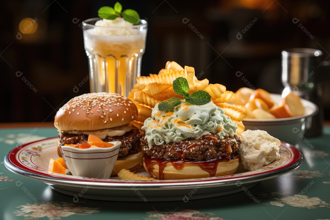 Hambúrguer suculento, batatas crocantes e milkshake cremoso