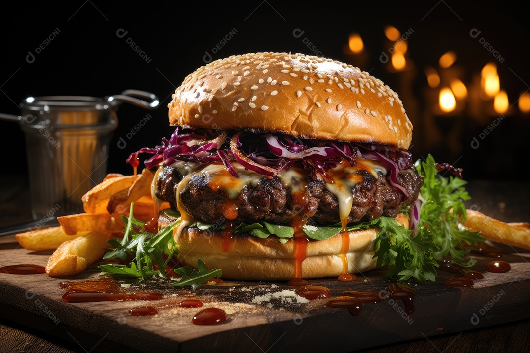 Hambúrguer gourmet suculento com batatas crocantes e molho artesanal.