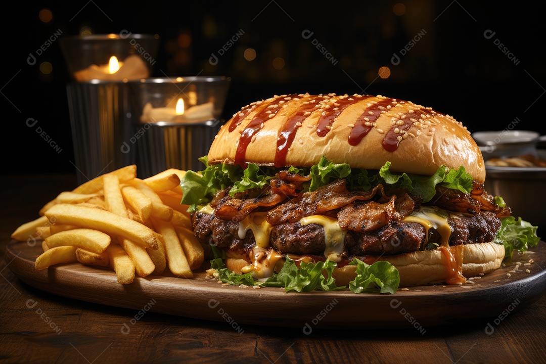 Hambúrguer gigantesco e suculento sendo preparado, cores e aromas irresistíveis.