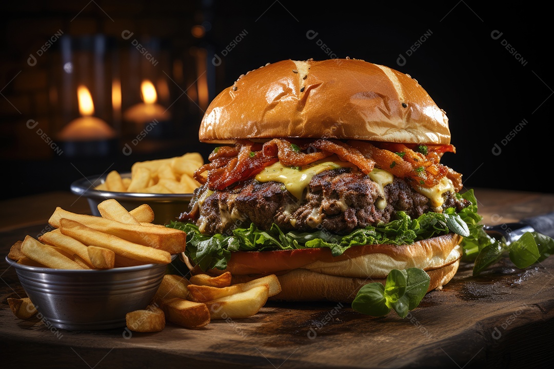Hambúrguer gigantesco e suculento sendo preparado, cores e aromas irresistíveis.