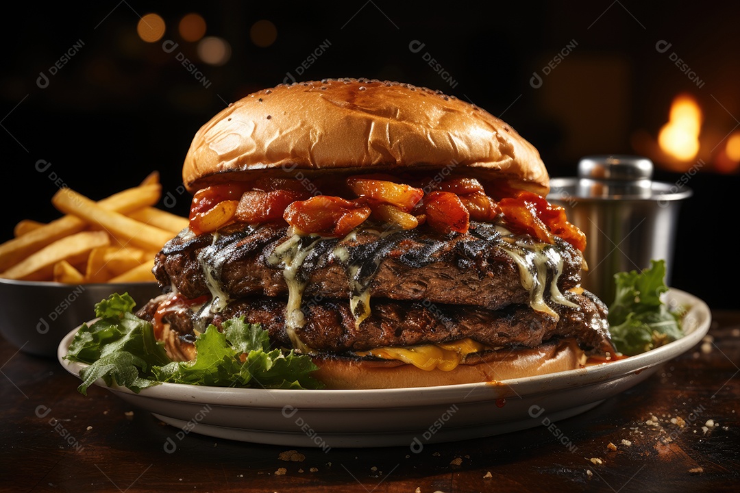 Hambúrguer gigantesco e suculento sendo preparado, cores e aromas irresistíveis.
