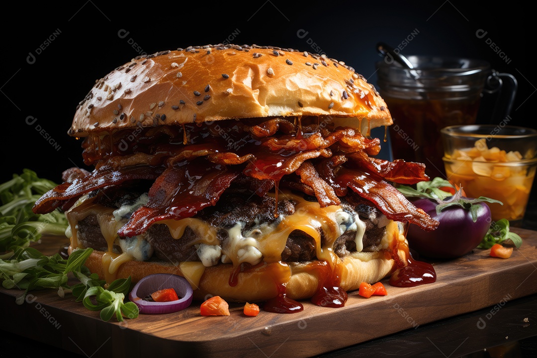 Hambúrguer gigantesco e suculento sendo preparado, cores e aromas irresistíveis.