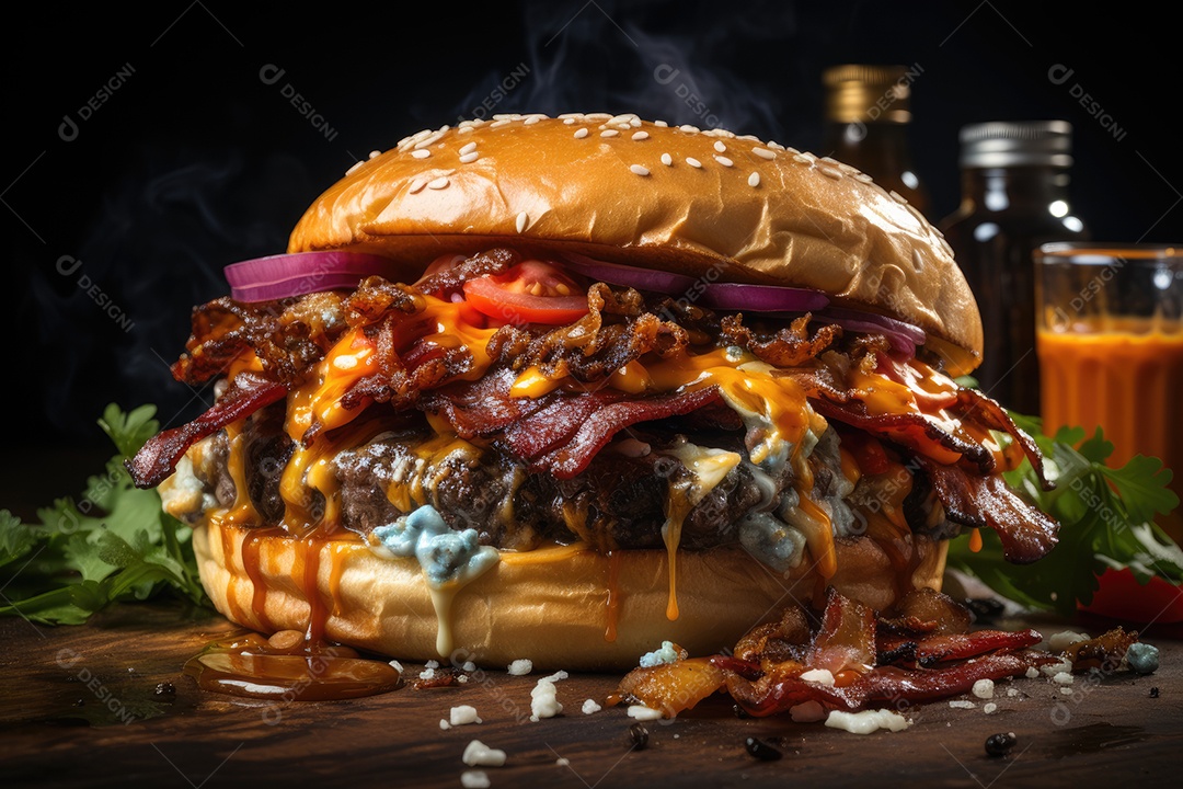 Hambúrguer gigantesco e suculento sendo preparado, cores e aromas irresistíveis.