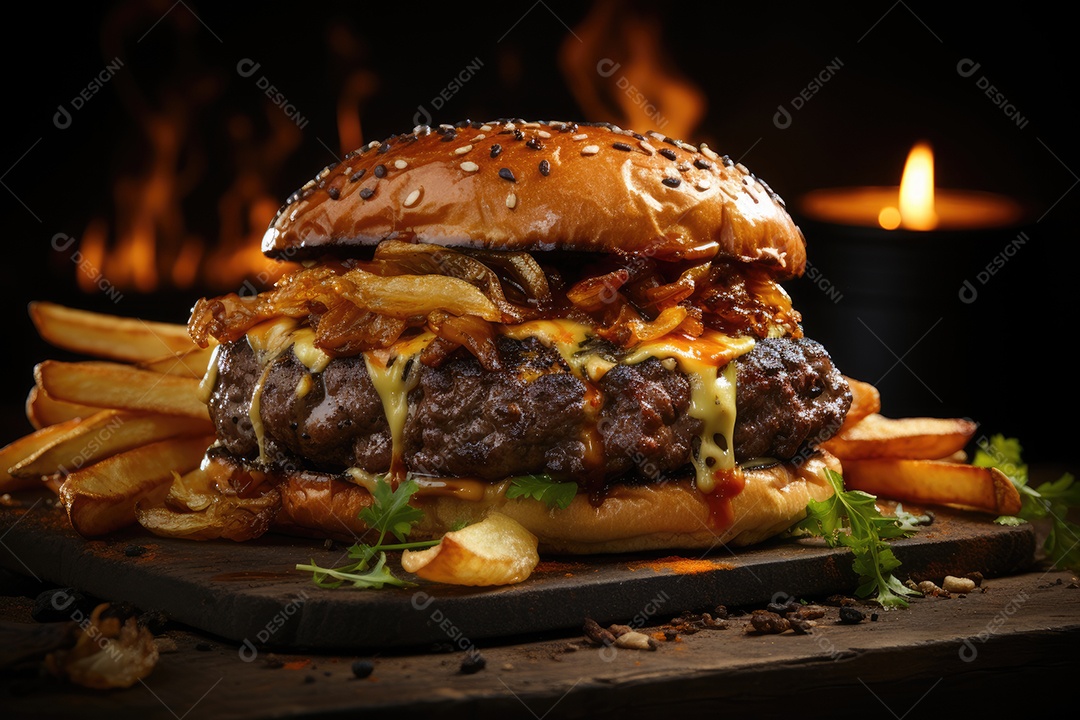 Hambúrguer gigantesco e suculento sendo preparado, cores e aromas irresistíveis.