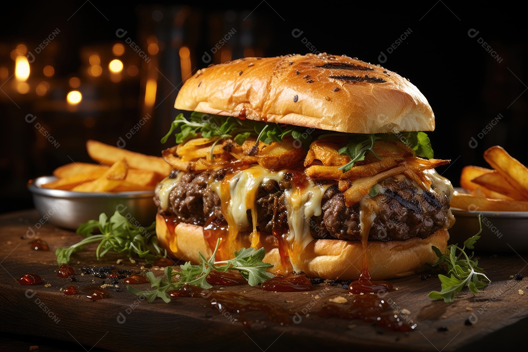 Hambúrguer gigantesco e suculento sendo preparado, cores e aromas irresistíveis.