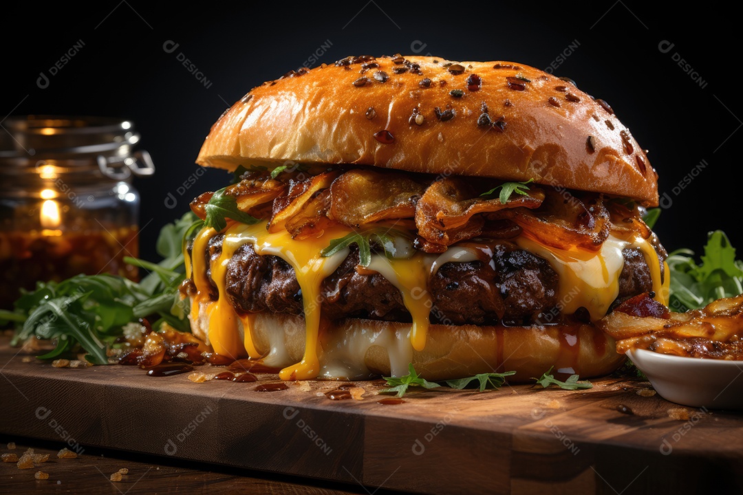 Hambúrguer gigantesco e suculento sendo preparado, cores e aromas irresistíveis.