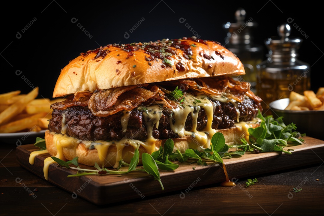 Hambúrguer gigantesco e suculento sendo preparado, cores e aromas irresistíveis.