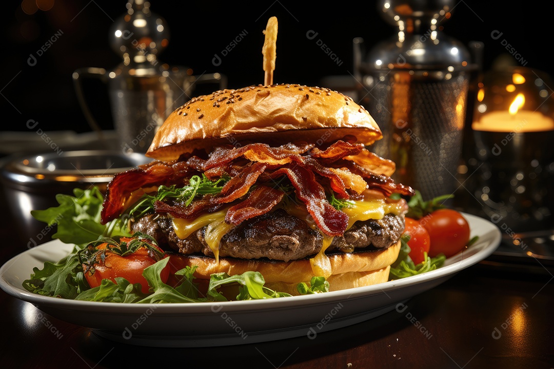 Hambúrguer gigantesco e suculento sendo preparado, cores e aromas irresistíveis.