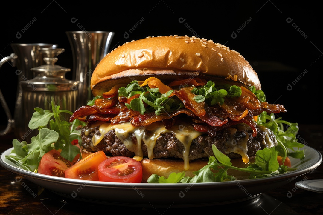 Hambúrguer gigantesco e suculento sendo preparado, cores e aromas irresistíveis.