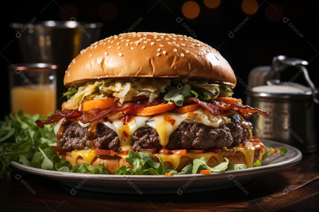 Hambúrguer gigantesco e suculento sendo preparado, cores e aromas irresistíveis.