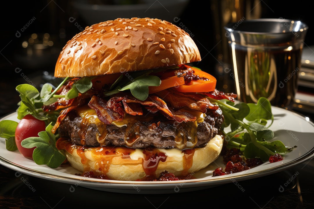 Hambúrguer gigantesco e suculento sendo preparado, cores e aromas irresistíveis.